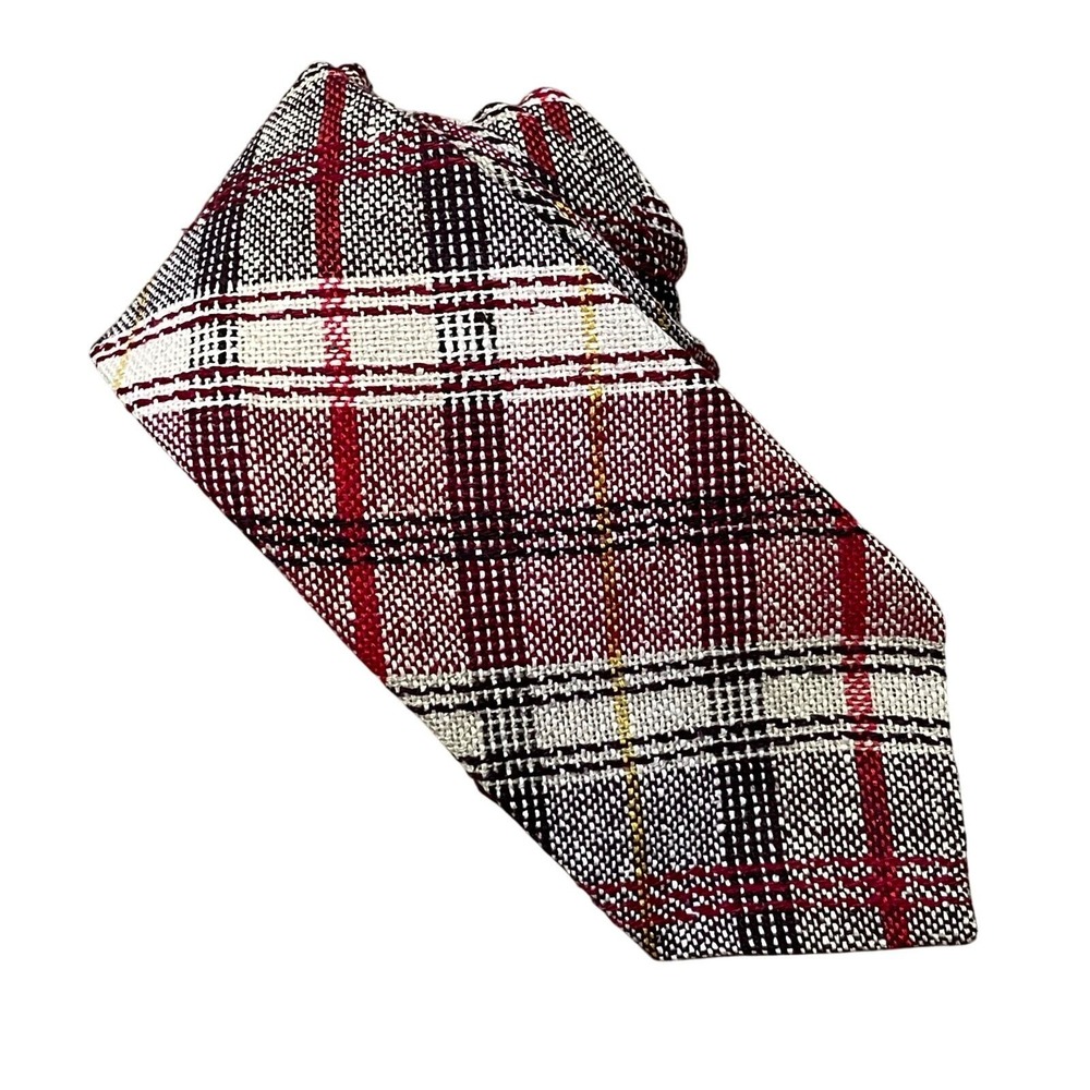 Vintage Ted Lapidus Paris Tweed Necktie Red‎ Brown Plaid Designer Tie 3"